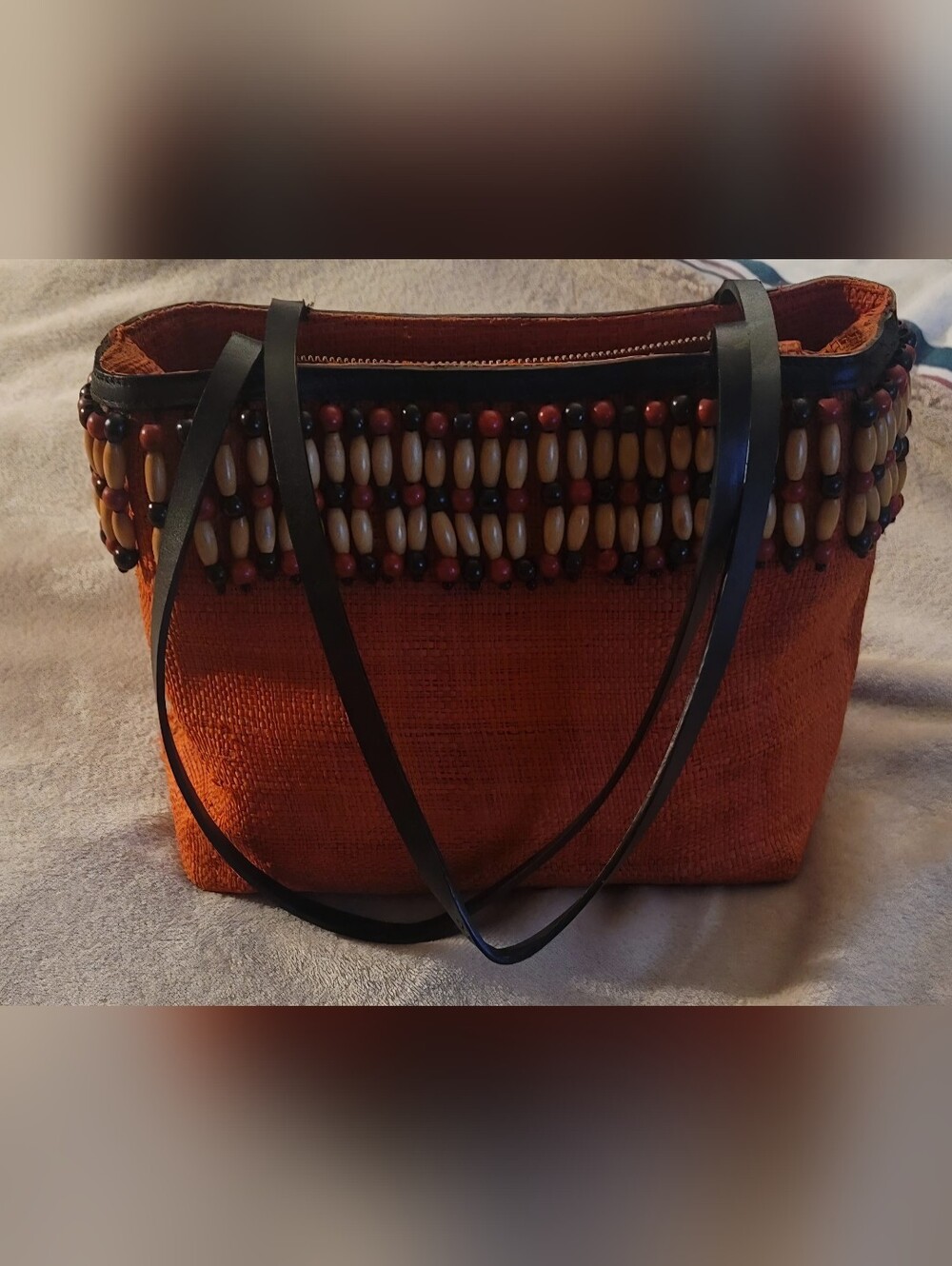 Cole Haan Straw Tote Bag Red Orange Beaded Trim Leather Strap Shoulder Bag